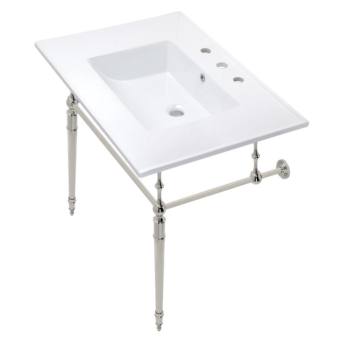 Kingston Heirloom KVPB31227W8PN - Edwardian 31-Inch Ceramic Console Sink with Brass Legs (8-Inch, 3-Hole), White/Polished Nickel
