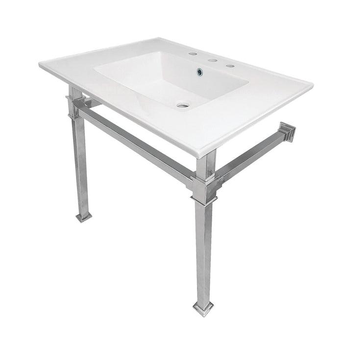 Kingston Sona KVPB31228Q1 - Monarch 31-Inch Ceramic Console Sink with Stainless Steel Legs (8-Inch, 3-Hole), White/Polished Chrome