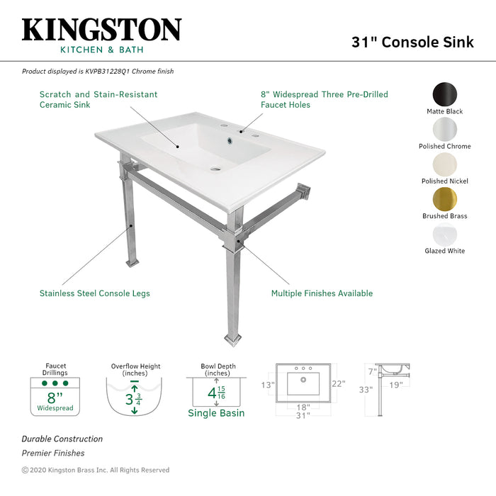 Kingston Sona KVPB31228Q6 - Monarch 31-Inch Ceramic Console Sink with Stainless Steel Legs (8-Inch, 3-Hole), White/Polished Nickel