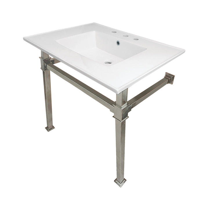 Kingston Sona KVPB31228Q6 - Monarch 31-Inch Ceramic Console Sink with Stainless Steel Legs (8-Inch, 3-Hole), White/Polished Nickel