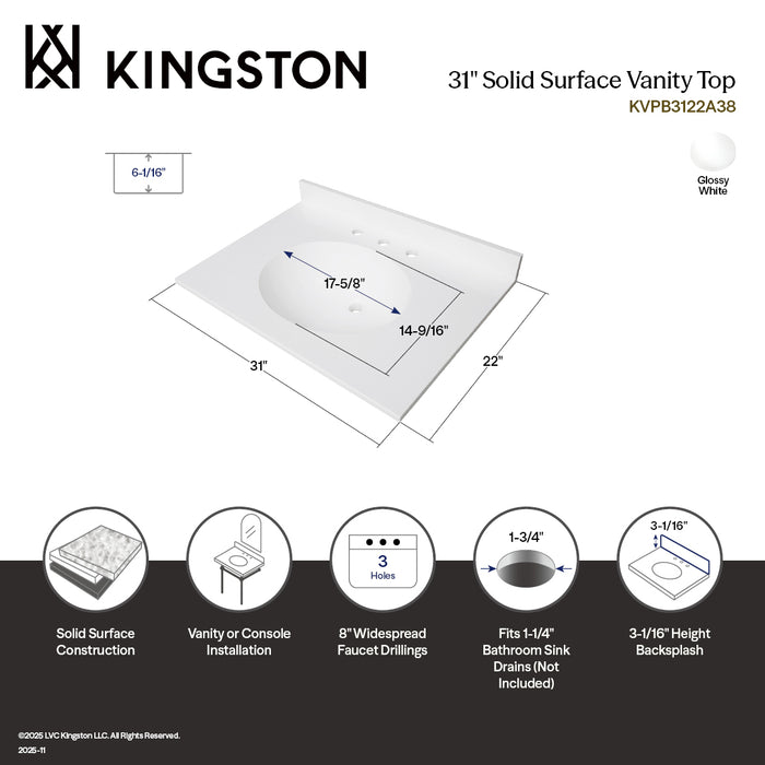 Wimbeldon KVPB3122A38 31-Inch Solid Surface Vanity Top (8" Faucet Drillings), Glossy White