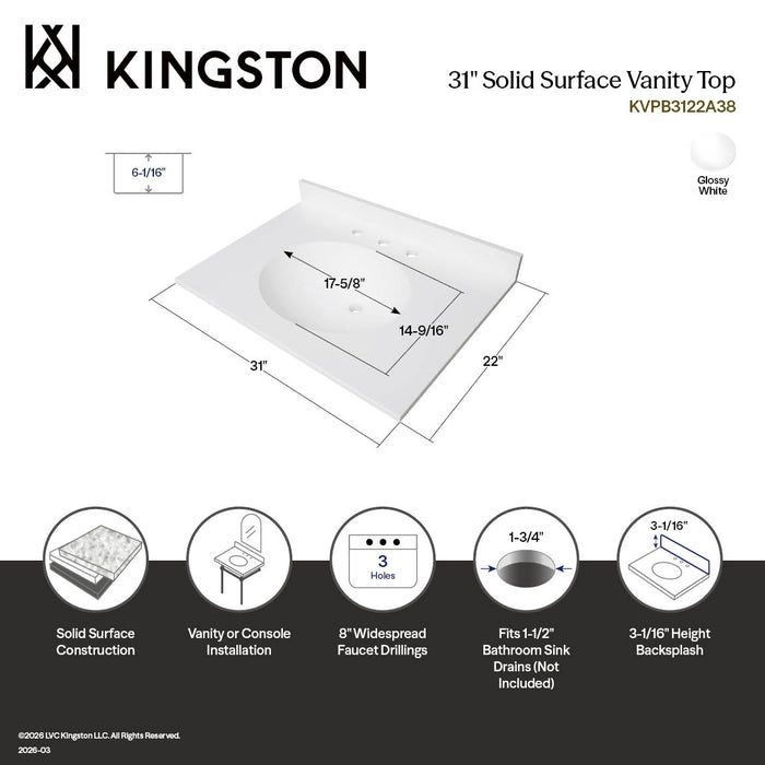 Kingston Sona KVPB3122A38 - Wimbeldon 31-Inch Solid Surface Vanity Top (8" Faucet Drillings), Glossy White