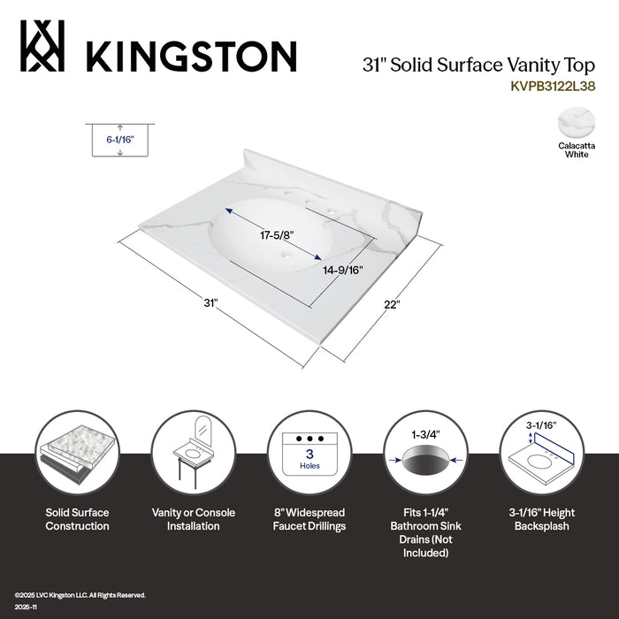 Norbiton KVPB3122L38 31-Inch Solid Surface Vanity Top (8" Faucet Drillings), Calacatta Marble Glossy White
