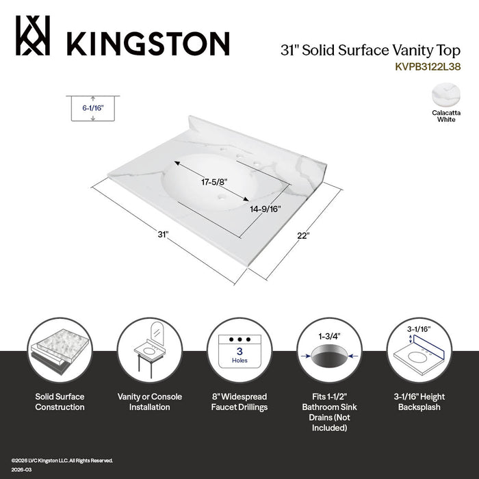Kingston Sona KVPB3122L38 - Norbiton 31-Inch Solid Surface Vanity Top (8" Faucet Drillings), Calacatta Marble Glossy White