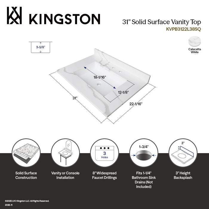 Montesquieu KVPB3122L38SQ 31-Inch Solid Surface Vanity Top (8" Faucet Drillings), Calacatta Marble White/Glossy
