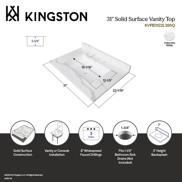 Kingston Sona KVPB3122L38SQ - Montesquieu 31-Inch Solid Surface Vanity Top (8" Faucet Drillings), Calacatta Marble White/Glossy