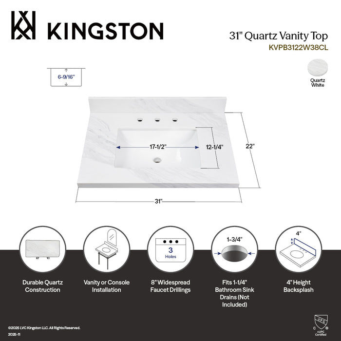 Kingston Mayorca KVPB3122W38CL 31-Inch Quartz Vanity Top (8" Faucet Drillings), Quartz White