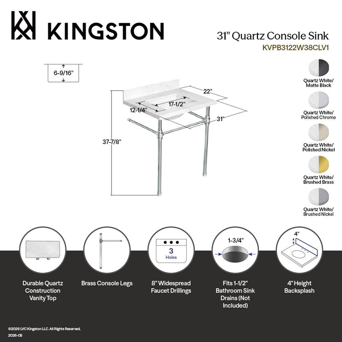 Kingston Mayorca KVPB3122W38CLV7 31-Inch Calacatta Quartz Console Sink with Brass Legs (8-Inch, 3-Hole), Quartz White/Brushed Brass