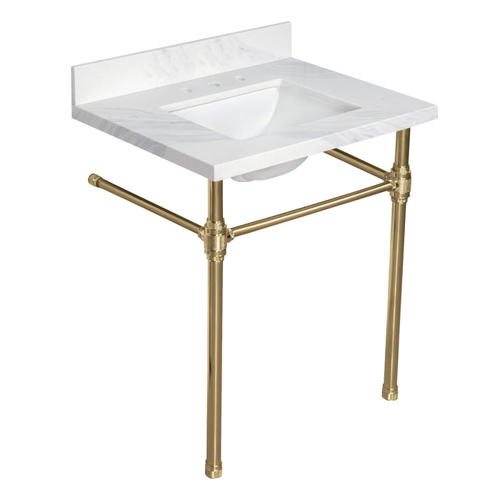 Kingston Mayorca KVPB3122W38CLV7 31-Inch Calacatta Quartz Console Sink with Brass Legs (8-Inch, 3-Hole), Quartz White/Brushed Brass