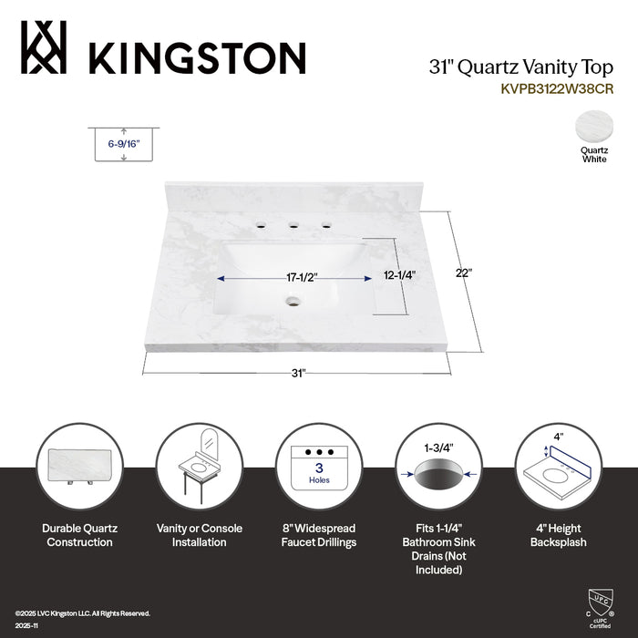 Kingston Ferrara KVPB3122W38CR 31-Inch Quartz Vanity Top (8" Faucet Drillings), Quartz White