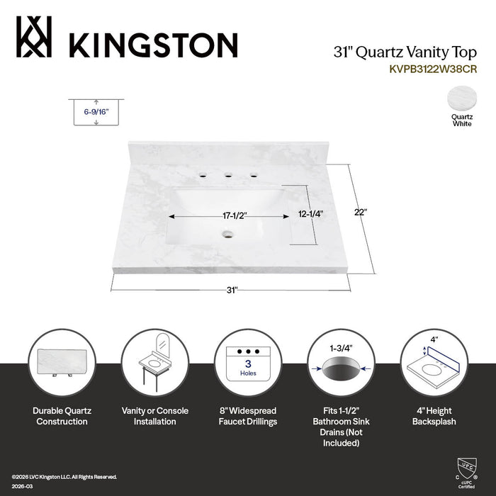 Kingston Ferrara KVPB3122W38CR 31-Inch Carrara Quartz Vanity Top (8" Faucet Drillings), Quartz White