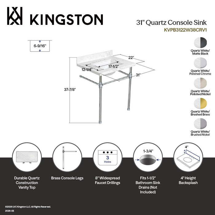 Kingston Mayorca KVPB3122W38CRV0 31-Inch Quartz Console Sink with Brass Legs (8-Inch, 3-Hole), Quartz White/Matte Black
