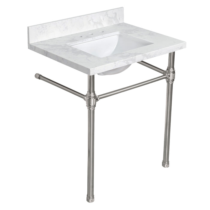 Kingston Mayorca KVPB3122W38CRV6 31-Inch Quartz Console Sink with Brass Legs (8-Inch, 3-Hole), Quartz White/Polished Nickel