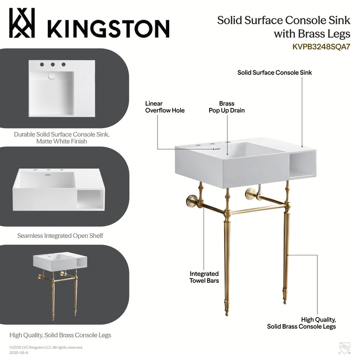 Kingston Tulare KVPB3248SQA1 - Aurelius 24-Inch Solid Surface Console Sink with Brass Legs (8-Inch, 3-Hole), Matte White/Polished Chrome
