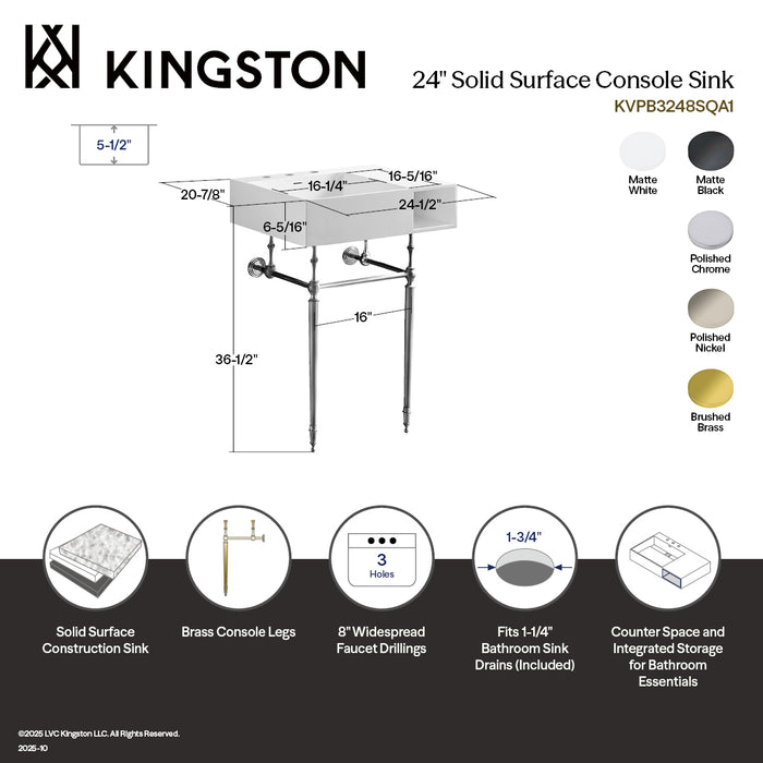 Kingston Tulare KVPB3248SQA1 - Aurelius 24-Inch Solid Surface Console Sink with Brass Legs (8-Inch, 3-Hole), Matte White/Polished Chrome