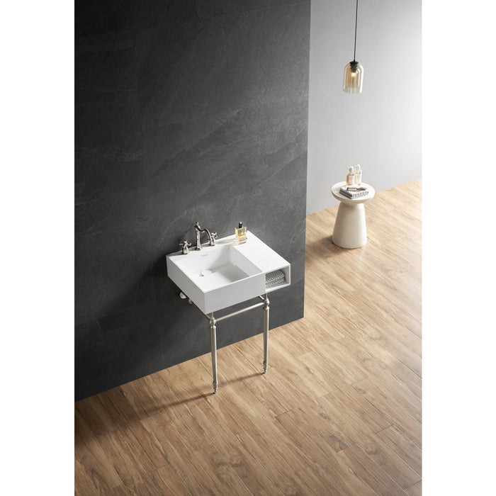 Kingston Tulare KVPB3248SQA6 - Aurelius 24-Inch Solid Surface Console Sink with Brass Legs (8-Inch, 3-Hole), Matte White/Polished Nickel