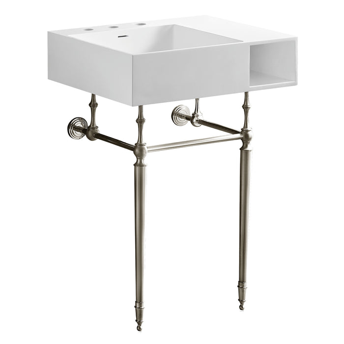 Kingston Tulare KVPB3248SQA6 - Aurelius 24-Inch Solid Surface Console Sink with Brass Legs (8-Inch, 3-Hole), Matte White/Polished Nickel