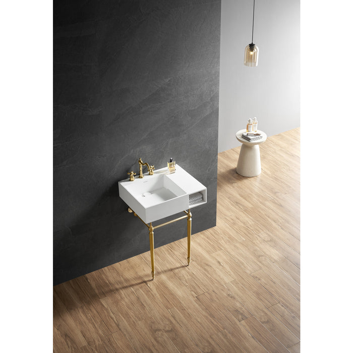 Kingston Tulare KVPB3248SQA7 - Aurelius 24-Inch Solid Surface Console Sink with Brass Legs (8-Inch, 3-Hole), Matte White/Brushed Brass