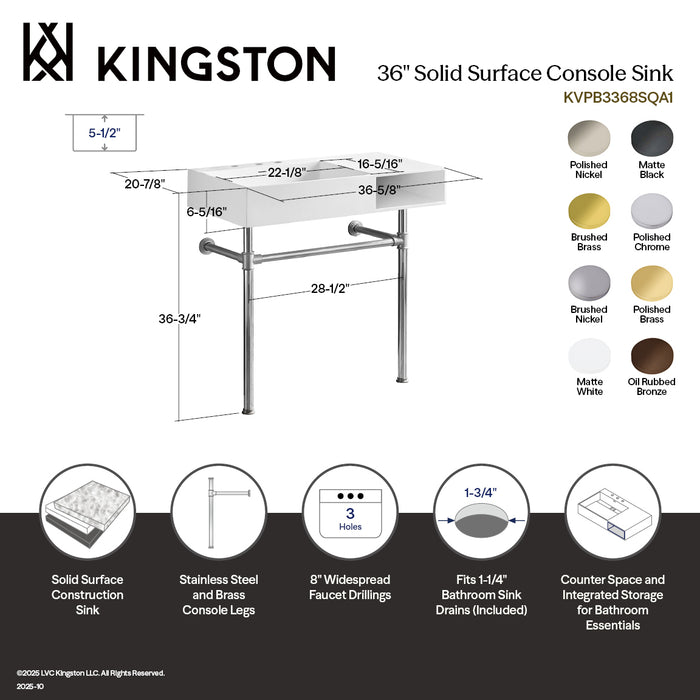 Aurelius KVPB3368SQA0 36-Inch Solid Surface Console Sink with Stainless Steel Legs (8-Inch, 3-Hole), Matte White/Matte Black