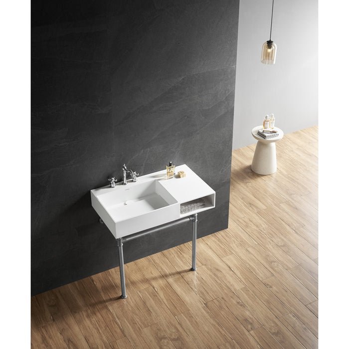 Aurelius KVPB3368SQA1 36-Inch Solid Surface Console Sink with Stainless Steel Legs (8-Inch, 3-Hole), Matte White/Polished Chrome