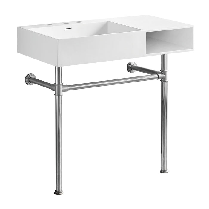 Aurelius KVPB3368SQA1 36-Inch Solid Surface Console Sink with Stainless Steel Legs (8-Inch, 3-Hole), Matte White/Polished Chrome