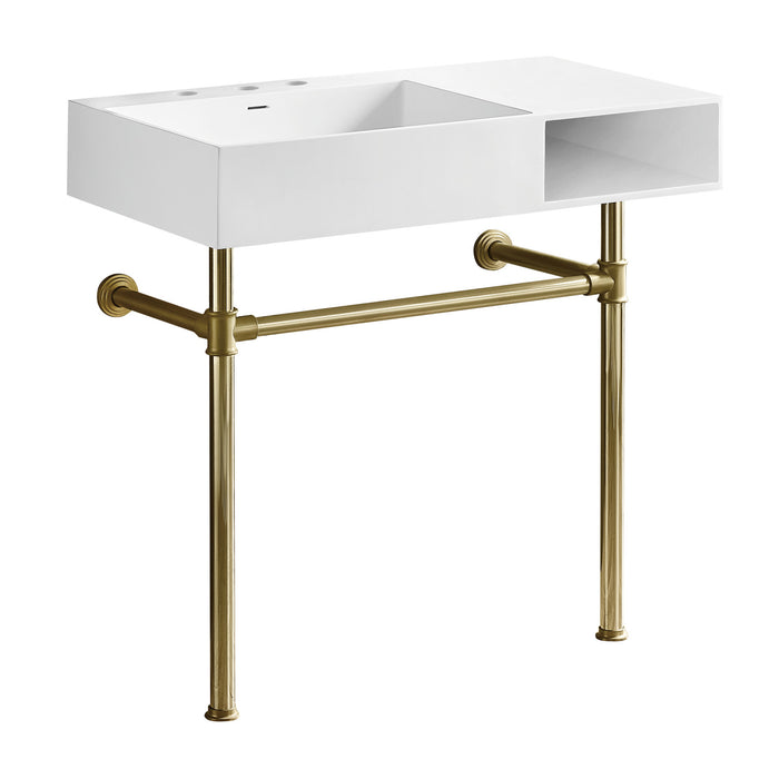 Aurelius KVPB3368SQA2 36-Inch Solid Surface Console Sink with Stainless Steel Legs (8-Inch, 3-Hole), Matte White/Polished Brass