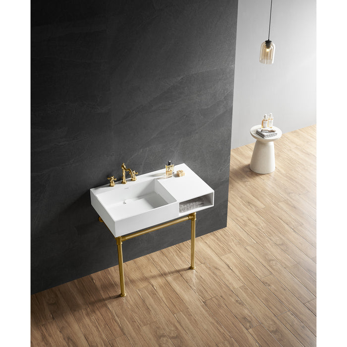 Aurelius KVPB3368SQA7 36-Inch Solid Surface Console Sink with Stainless Steel Legs (8-Inch, 3-Hole), Matte White/Brushed Brass