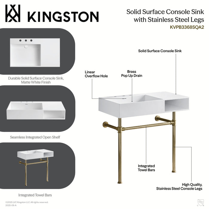 Kingston Sona KVPB3368SQA8 - Aurelius 36-Inch Solid Surface Console Sink with Stainless Steel Legs (8-Inch, 3-Hole), Matte White/Brushed Nickel