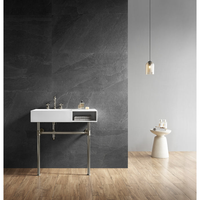 Kingston Sona KVPB3368SQA8 - Aurelius 36-Inch Solid Surface Console Sink with Stainless Steel Legs (8-Inch, 3-Hole), Matte White/Brushed Nickel