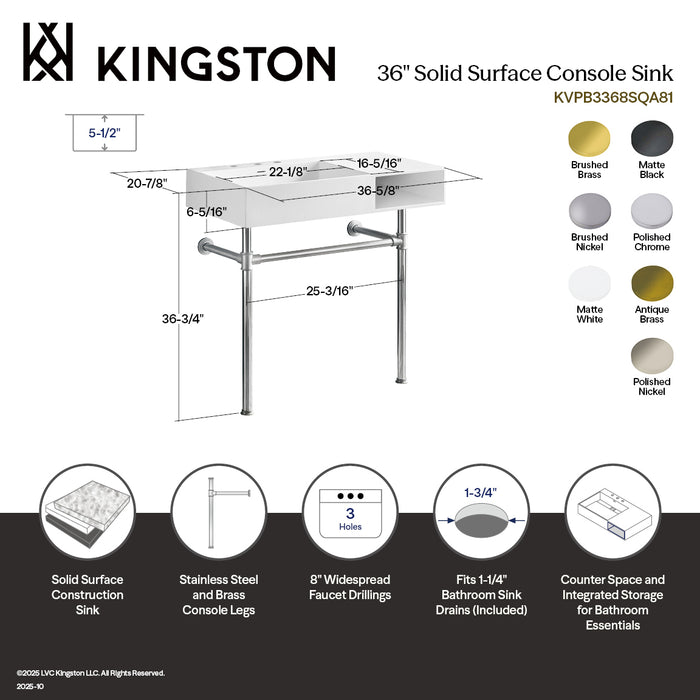 Kingston Sona KVPB3368SQA80 - Aurelius 36-Inch Solid Surface Console Sink with Stainless Steel Legs (8-Inch, 3-Hole), Matte White/Matte Black