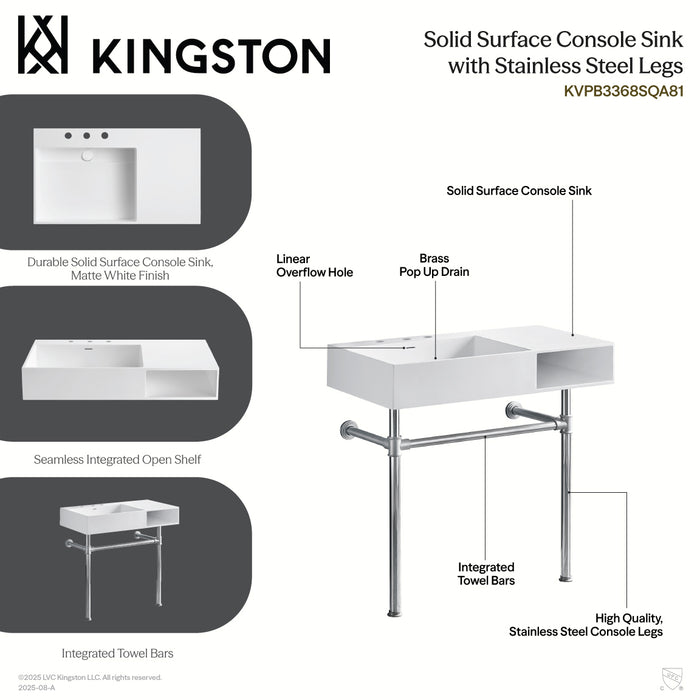 Kingston Sona KVPB3368SQA88 - Aurelius 36-Inch Solid Surface Console Sink with Stainless Steel Legs (8-Inch, 3-Hole), Matte White/Brushed Nickel