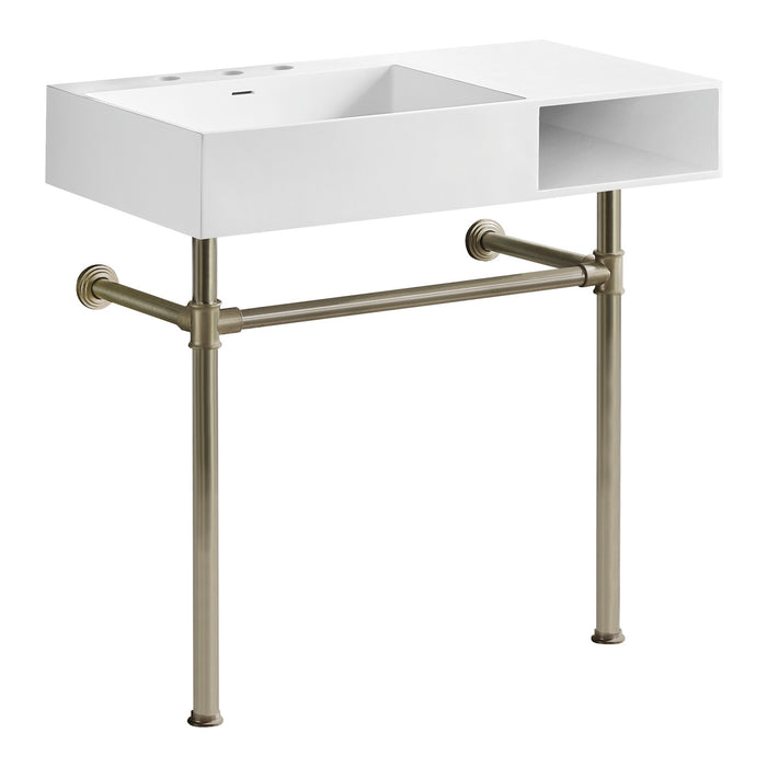 Kingston Sona KVPB3368SQA88 - Aurelius 36-Inch Solid Surface Console Sink with Stainless Steel Legs (8-Inch, 3-Hole), Matte White/Brushed Nickel