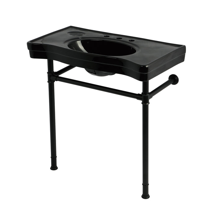 Kingston Tulare KVPB36198K380 - Imperial 36-Inch Ceramic Console Sink with Stainless Steel Legs (8-Inch, 3-Hole), Black/Matte Black