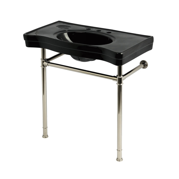 Kingston Tulare KVPB36198K386 - Imperial 36-Inch Ceramic Console Sink with Stainless Steel Legs (8-Inch, 3-Hole), Black/Polished Nickel
