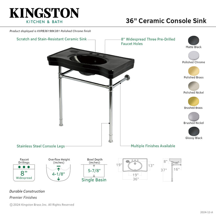 Kingston Tulare KVPB36198K387 - Imperial 36-Inch Ceramic Console Sink with Stainless Steel Legs (8-Inch, 3-Hole), Black/Brushed Brass