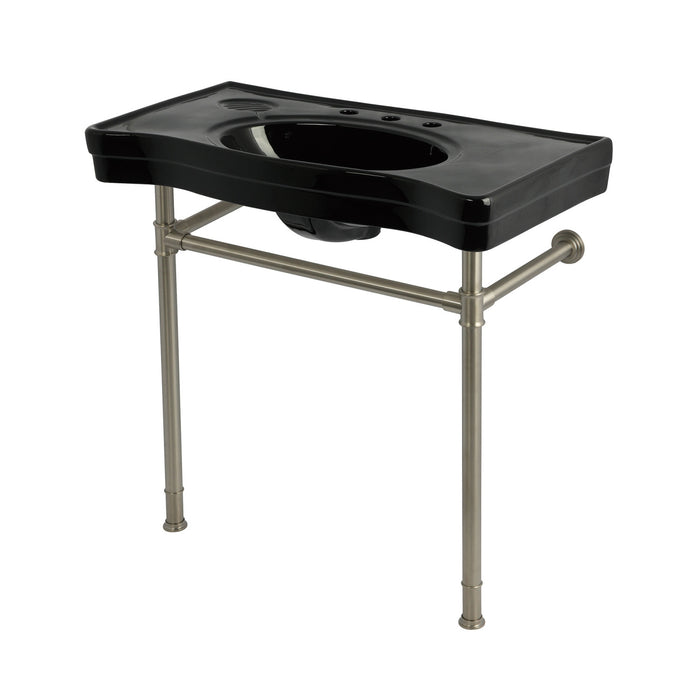 Kingston Tulare KVPB36198K388 - Imperial 36-Inch Ceramic Console Sink with Stainless Steel Legs (8-Inch, 3-Hole), Black/Brushed Nickel