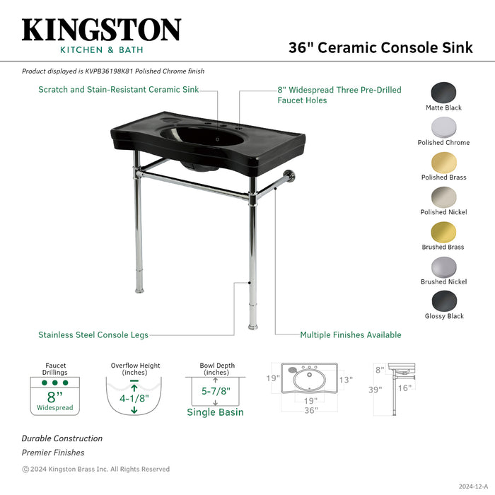 Kingston Tulare KVPB36198K81 - Imperial 36-Inch Ceramic Console Sink with Stainless Steel Legs (8-Inch, 3-Hole), Black/Polished Chrome