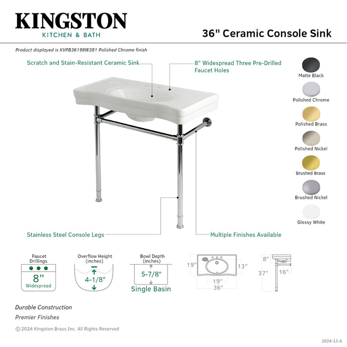 Kingston Tulare KVPB36198W380 - Imperial 36-Inch Ceramic Console Sink with Stainless Steel Legs (8-Inch, 3-Hole), White/Matte Black