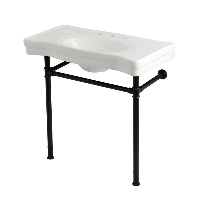 Kingston Tulare KVPB36198W380 - Imperial 36-Inch Ceramic Console Sink with Stainless Steel Legs (8-Inch, 3-Hole), White/Matte Black