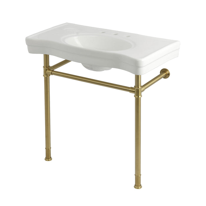 Kingston Tulare KVPB36198W387 - Imperial 36-Inch Ceramic Console Sink with Stainless Steel Legs (8-Inch, 3-Hole), White/Brushed Brass