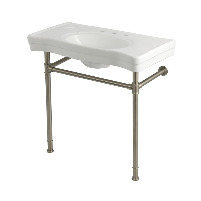 Kingston Tulare KVPB36198W388 - Imperial 36-Inch Ceramic Console Sink with Stainless Steel Legs (8-Inch, 3-Hole), White/Brushed Nickel