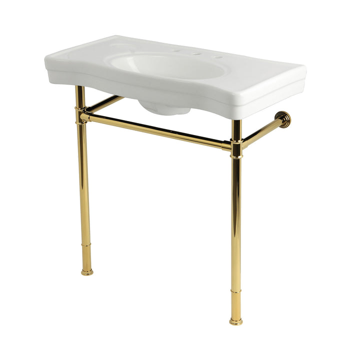 Kingston Tulare KVPB36198W82 - Imperial 36-Inch Ceramic Console Sink with Stainless Steel Legs (8-Inch, 3-Hole), White/Polished Brass