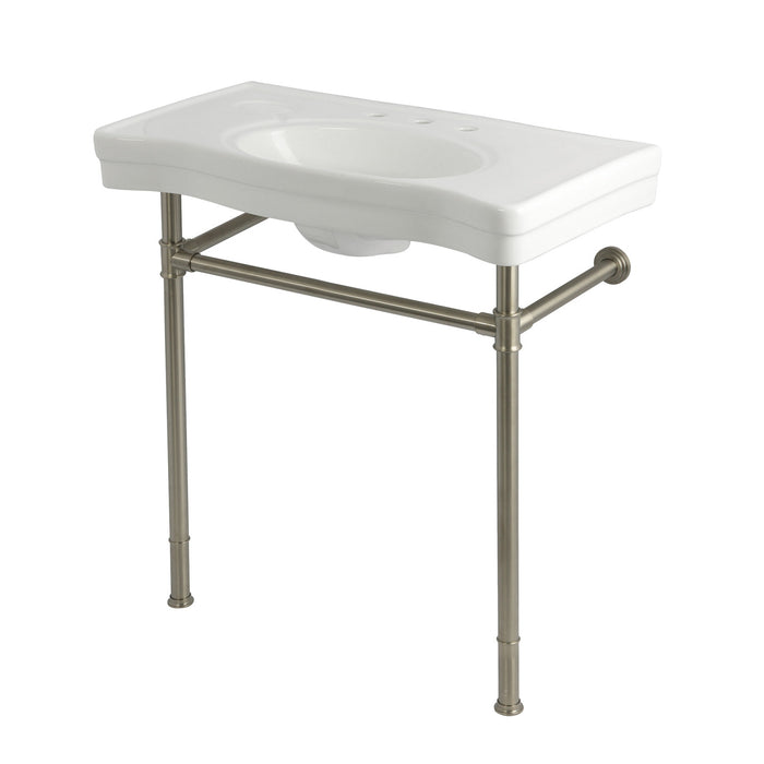 Kingston Tulare KVPB36198W88 - Imperial 36-Inch Ceramic Console Sink with Stainless Steel Legs (8-Inch, 3-Hole), White/Brushed Nickel