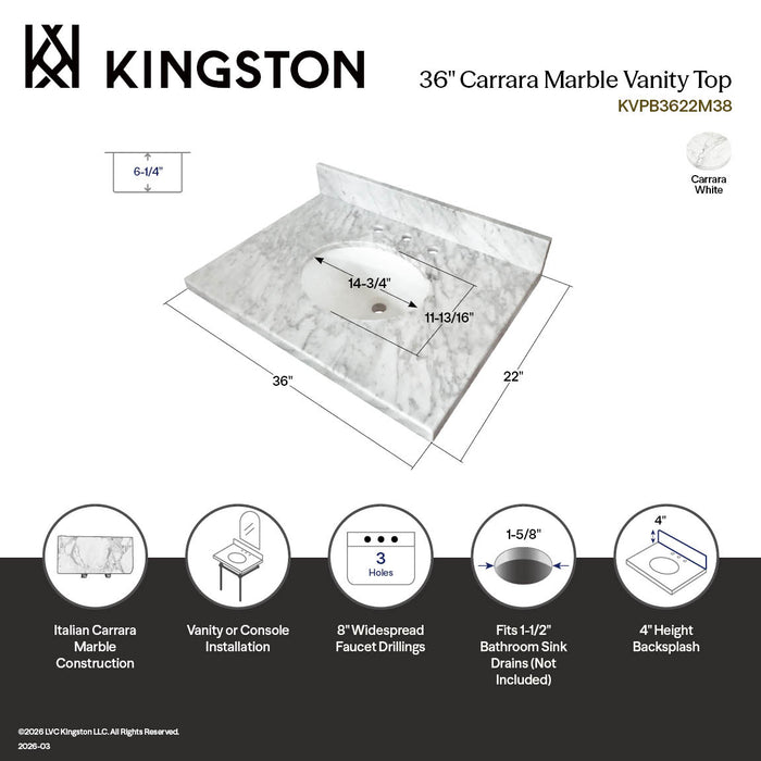 Kingston Tulare KVPB3622M38 - Templeton 36-Inch Carrara Marble Vanity Sink Top (8" Faucet Drillings), Carrara Marble