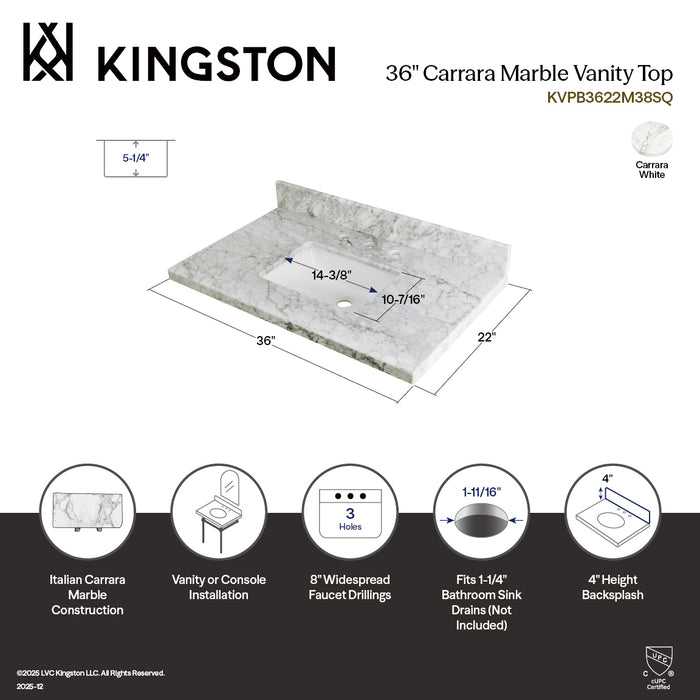 Kingston Tulare KVPB3622M38SQ - Templeton 36-Inch Carrara Marble Vanity Sink Top (8" Faucet Drillings), Carrara Marble