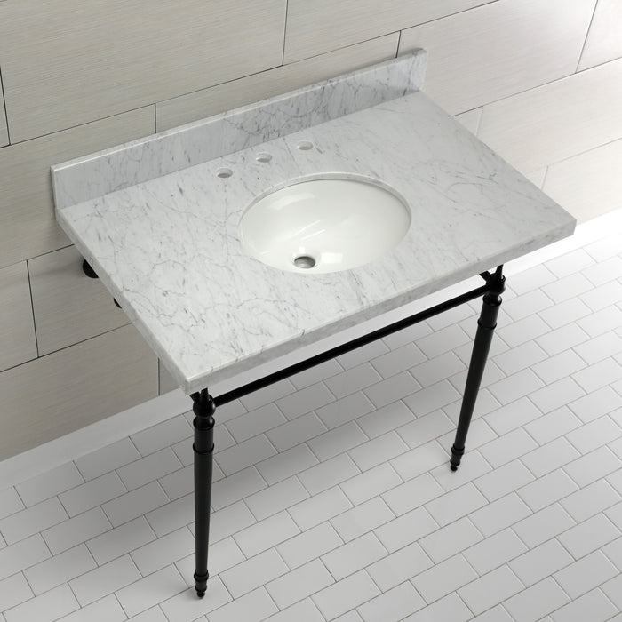 Kingston Heirloom KVPB3622M80 - Edwardian 36-Inch Carrara Marble Console Sink with Brass Legs (8-Inch, 3-Hole), Carrara Marble White/Matte Black