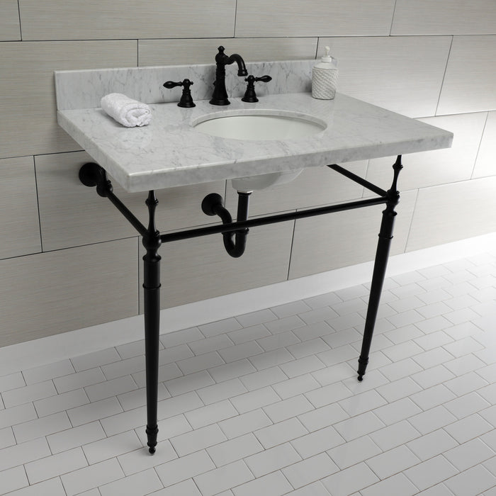 Kingston Heirloom KVPB3622M80 - Edwardian 36-Inch Carrara Marble Console Sink with Brass Legs (8-Inch, 3-Hole), Carrara Marble White/Matte Black