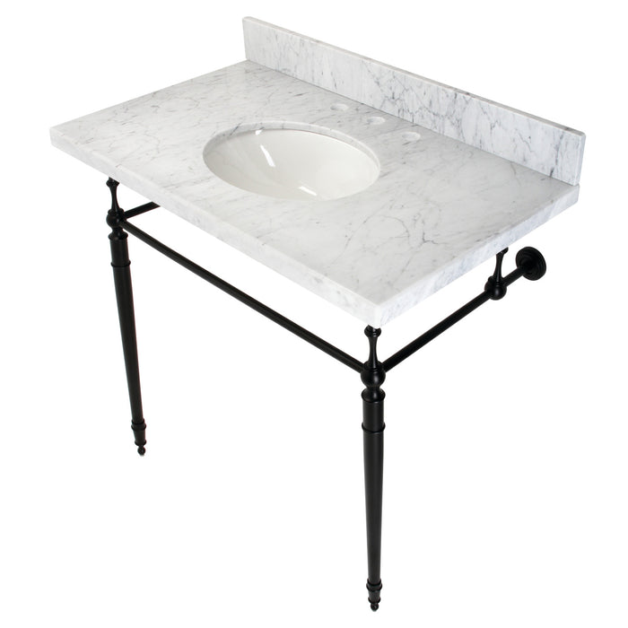 Kingston Heirloom KVPB3622M80 - Edwardian 36-Inch Carrara Marble Console Sink with Brass Legs (8-Inch, 3-Hole), Carrara Marble White/Matte Black