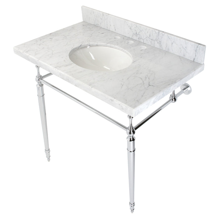 Edwardian KVPB3622M81 36-Inch Carrara Marble Console Sink with Brass Legs (8-Inch, 3-Hole), Carrara Marble White/Polished Chrome