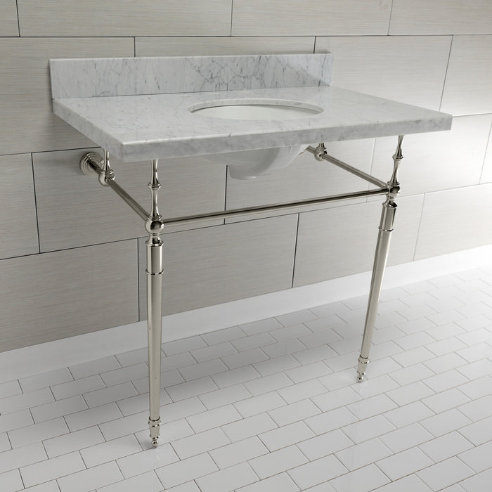 Kingston Heirloom KVPB3622M86 - Edwardian 36-Inch Carrara Marble Console Sink with Brass Legs (8-Inch, 3-Hole), Carrara Marble White/Polished Nickel